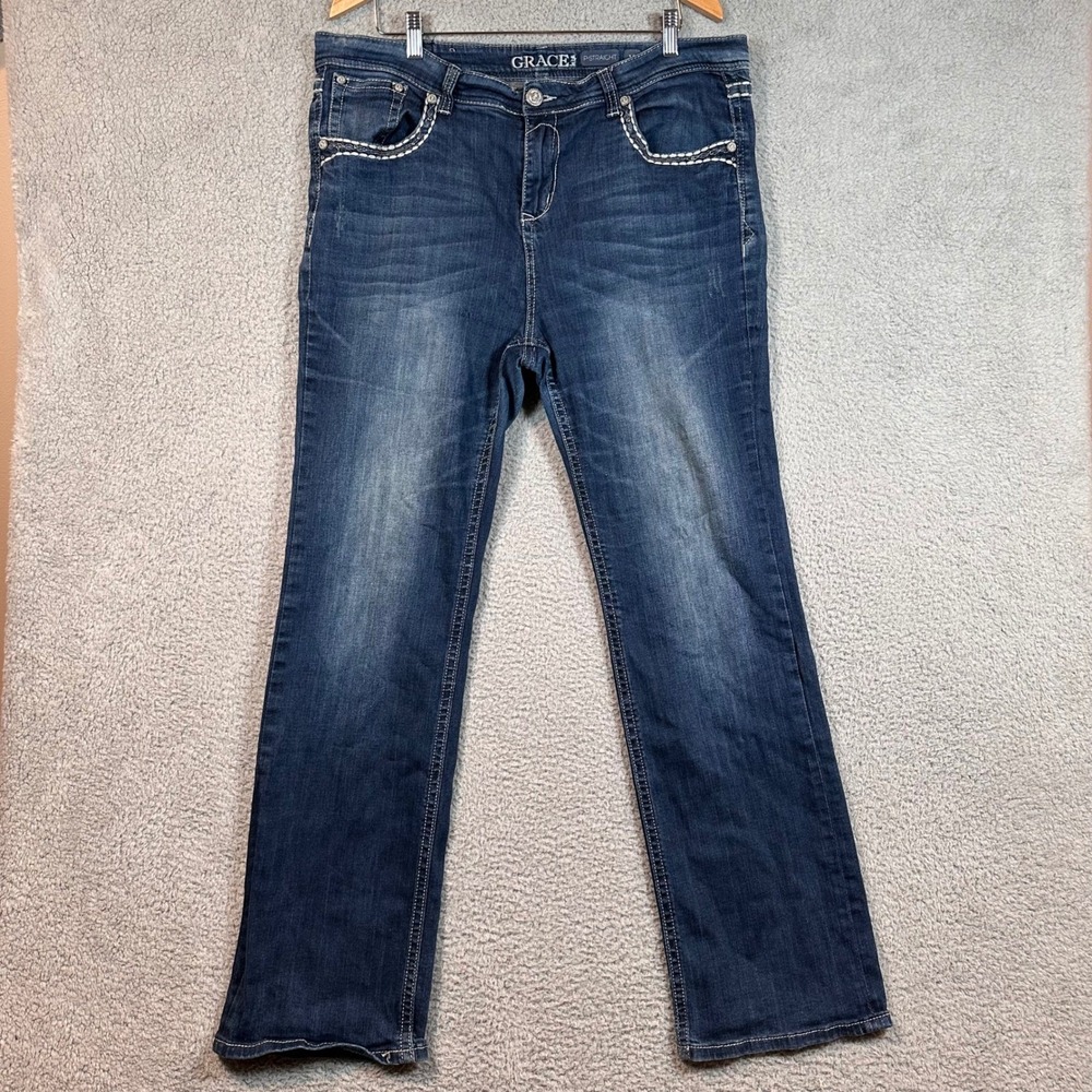 Grace in LA P‎ Straight Women Blue Denim Jeans Size 19 Embroidered Pockets
